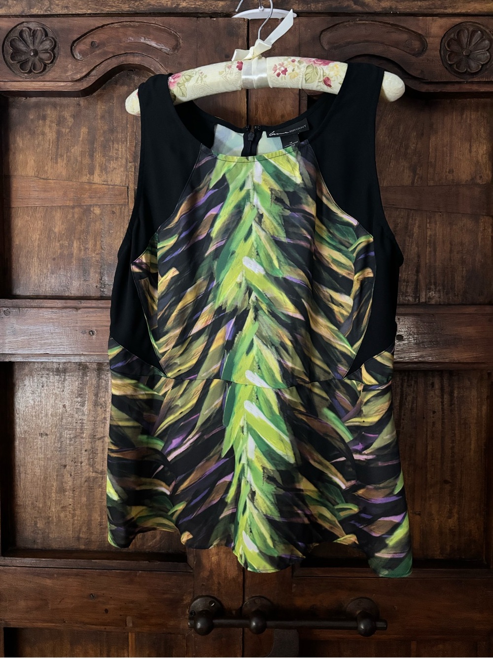 Lane Bryant Black Tank with Green and Purple Brushstroke Motif